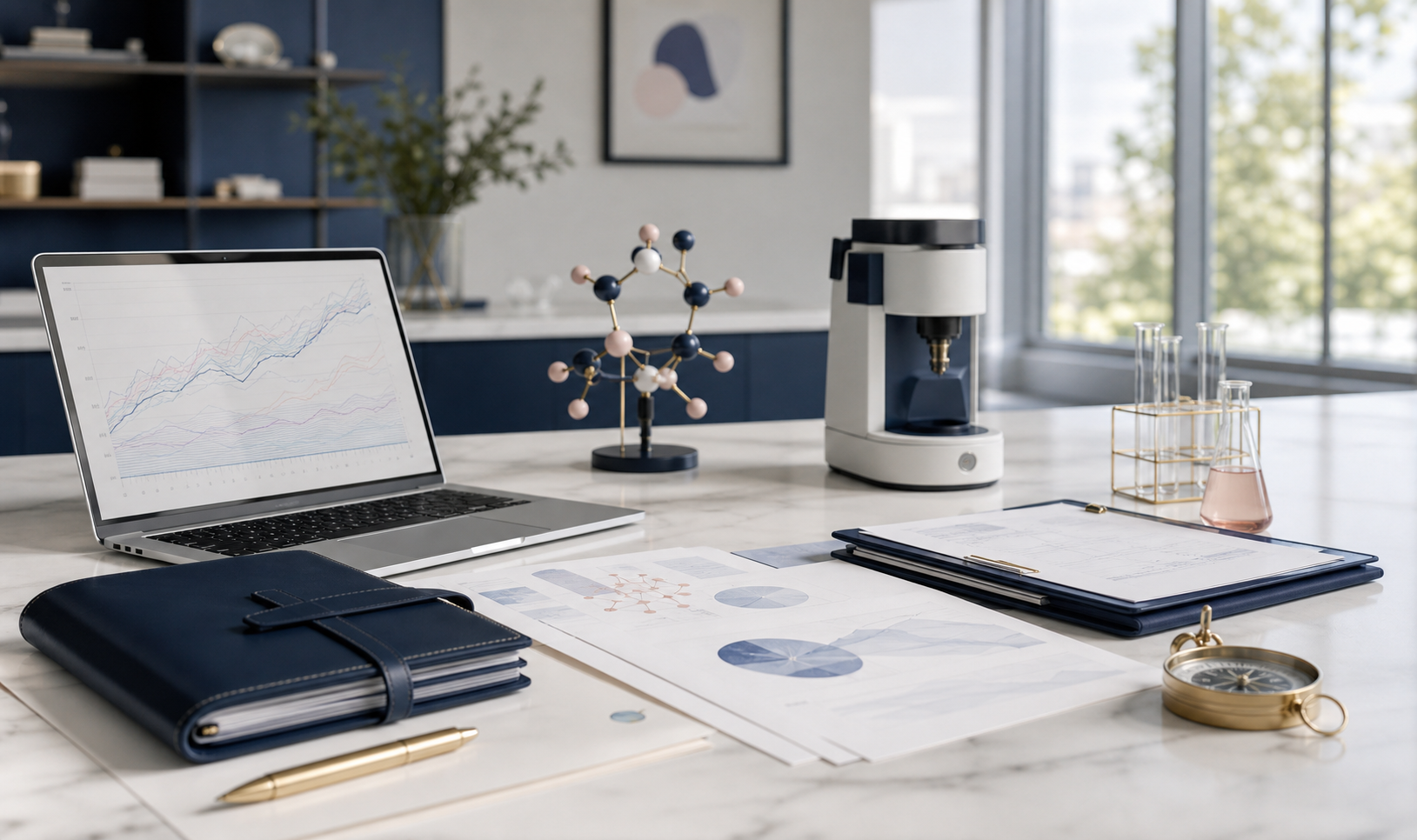 Scientific career strategy workspace with research data, portfolio and precision instruments
