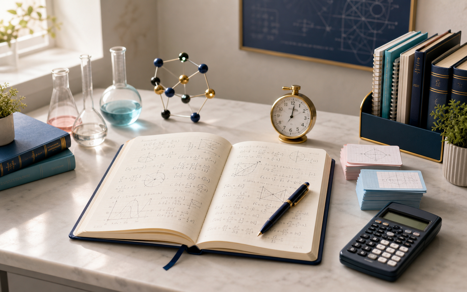 Scientific exam preparation workspace with physics notebook, timer and study tools