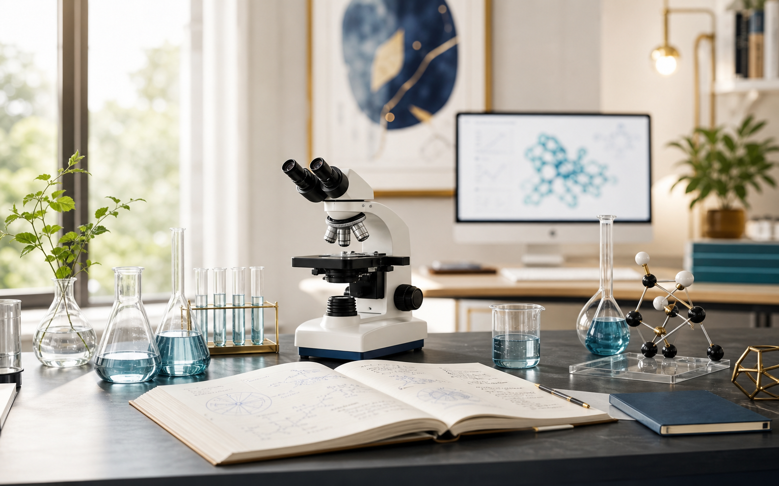 Scientific tutoring workspace with microscope, laboratory glassware and research notebook