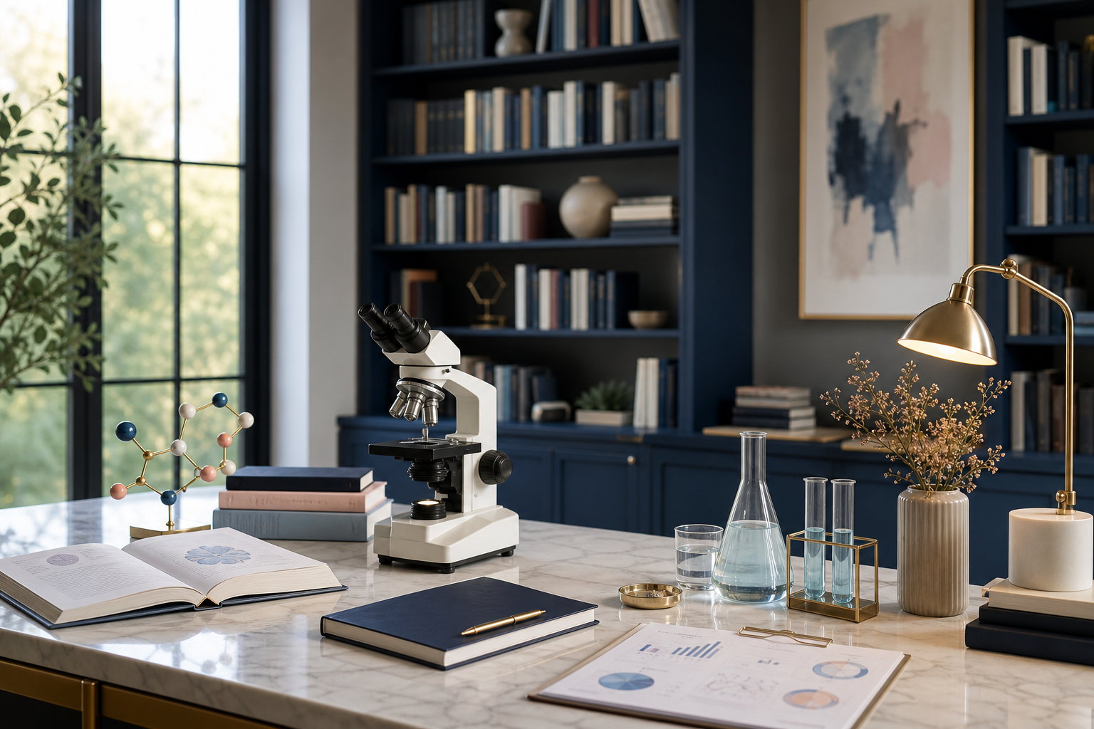 Elegant science leadership workspace with microscope, books and laboratory glassware