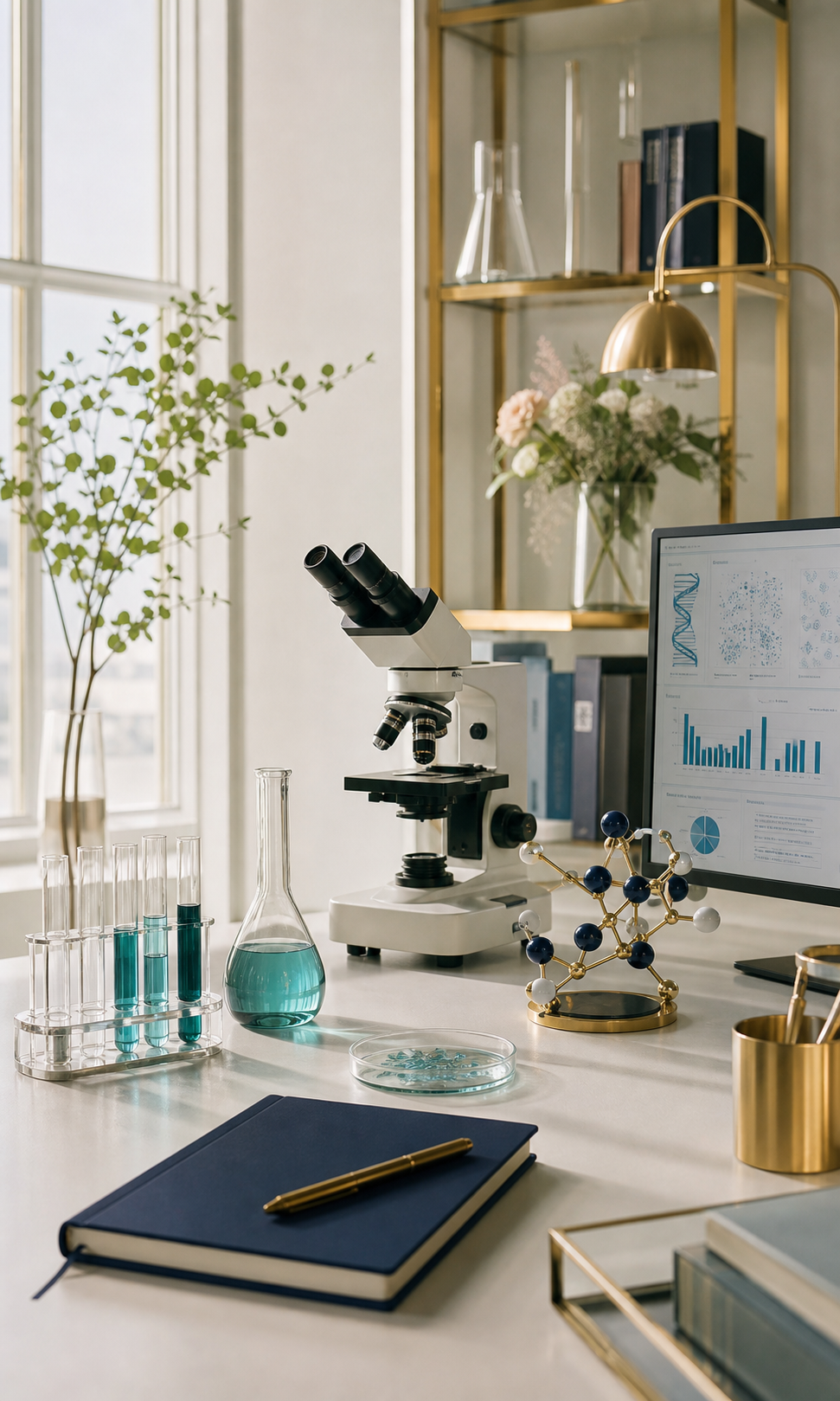 Modern scientific research workspace with microscope, glassware, molecular model and research data