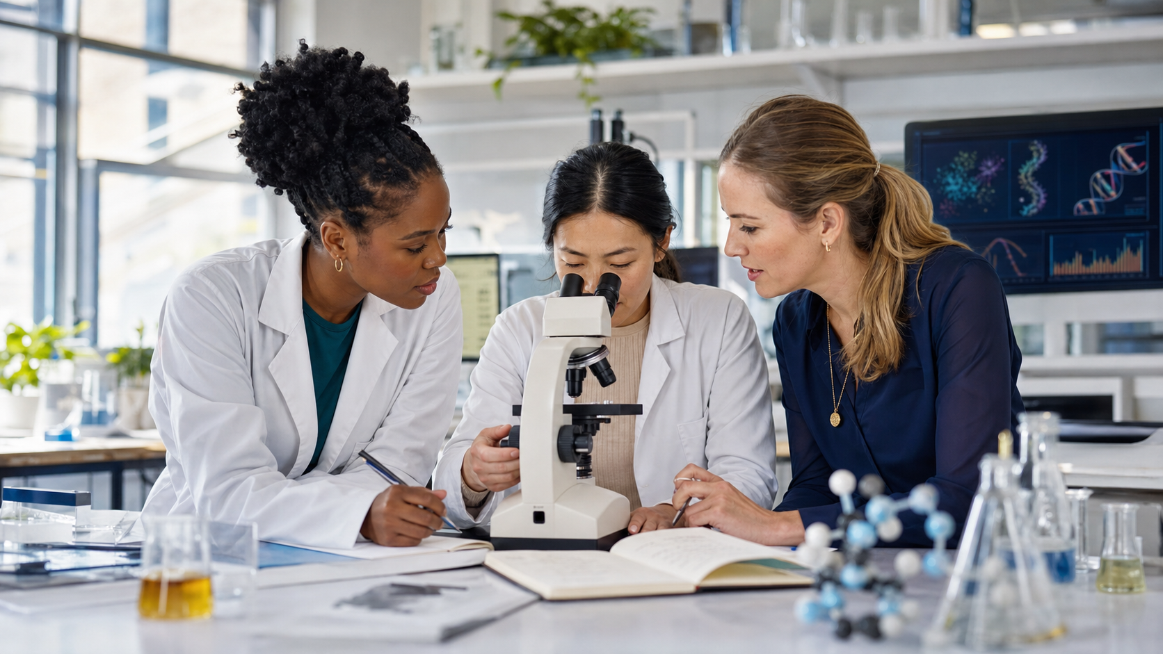 Three women scientists collaborating at a microscope in a modern laboratory