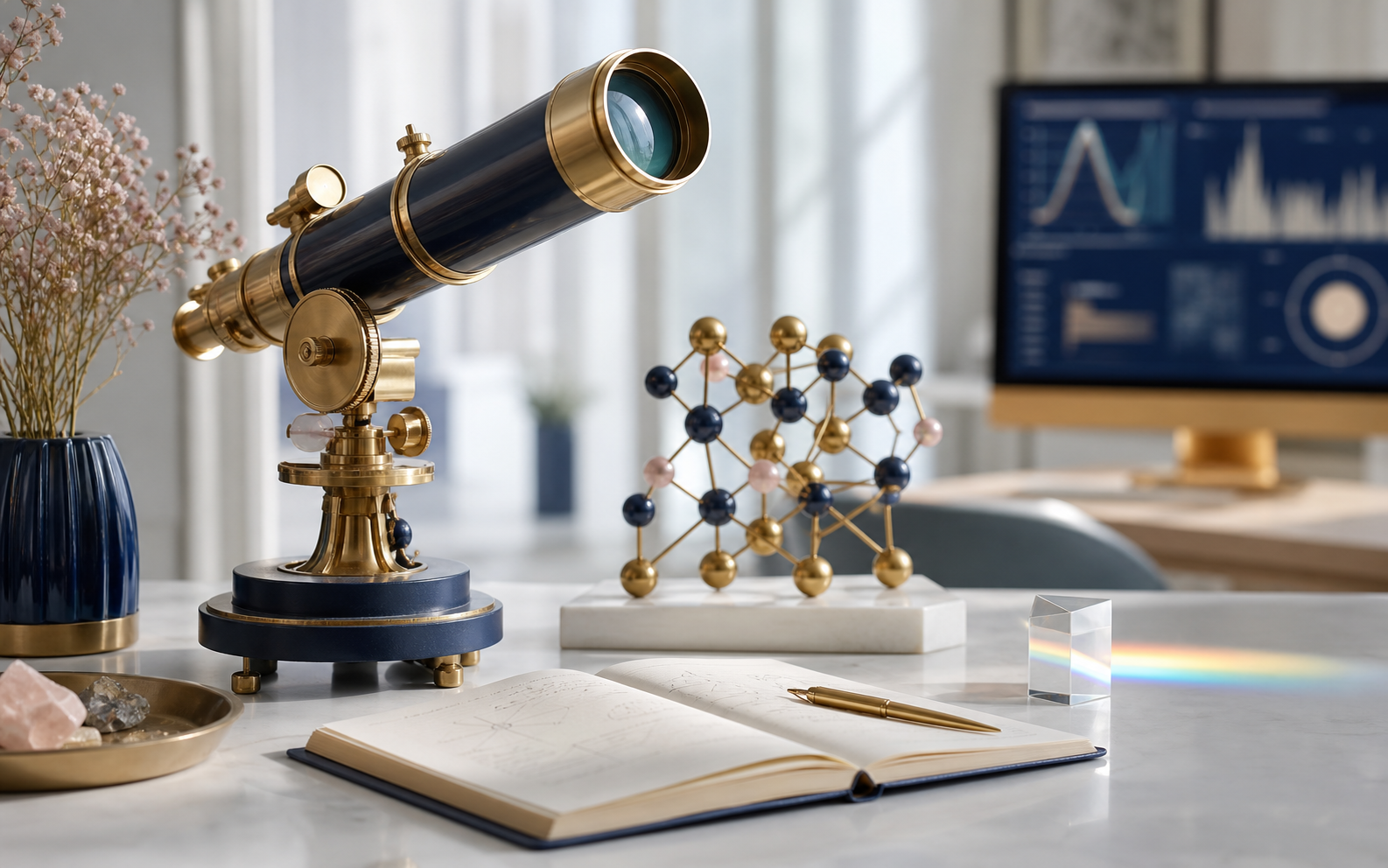 Elegant telescope and molecular research workspace