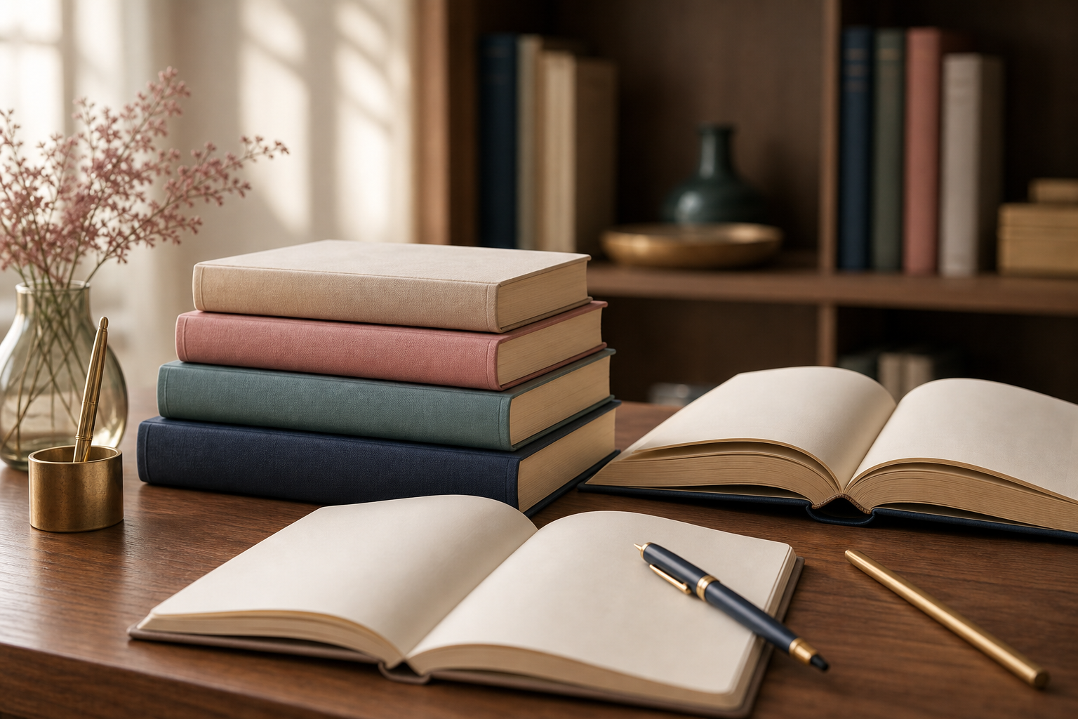 Elegant academic workspace with books, notebooks, and pens