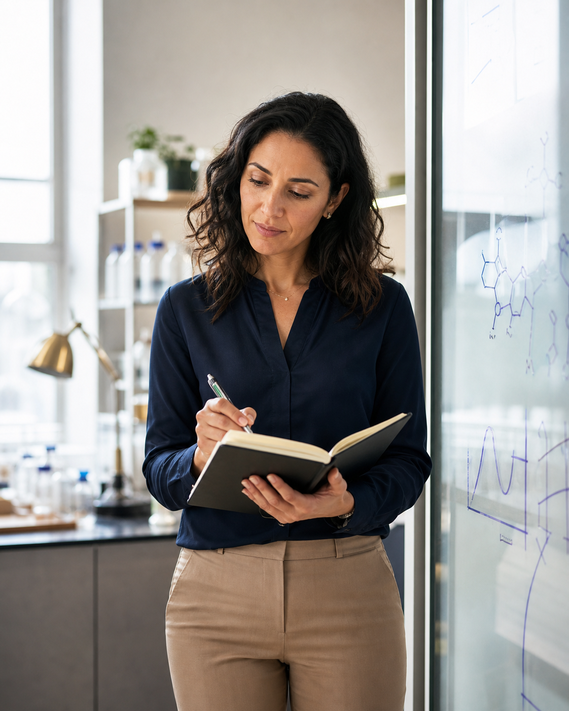 Woman STEM researcher reflecting and planning in a modern research workspace