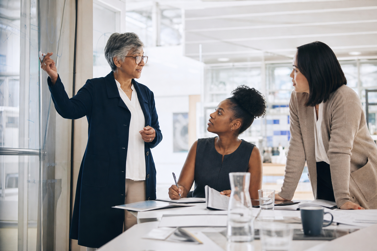 Women STEM researchers collaborating and mentoring in a modern research center
