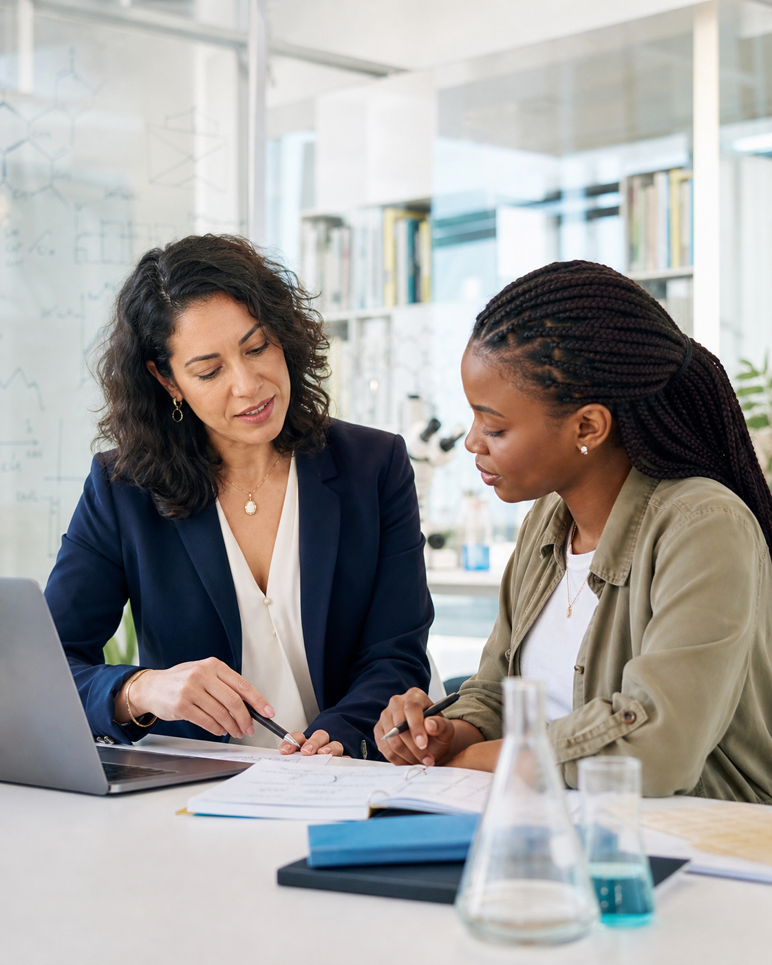 A scientist mentoring a young woman in a research workspace